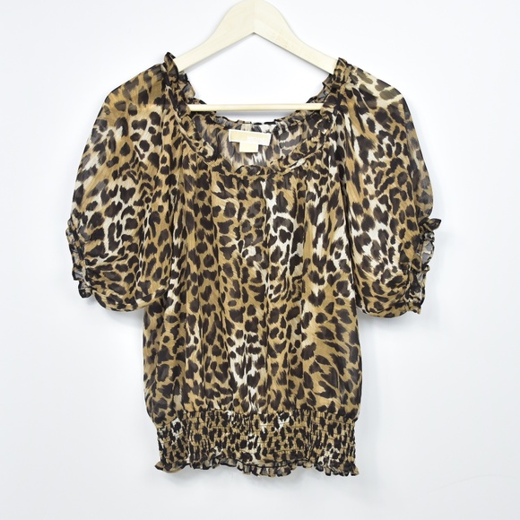MICHAEL Michael Kors Sheer Leopard Peasant Top - Picture 1 of 6